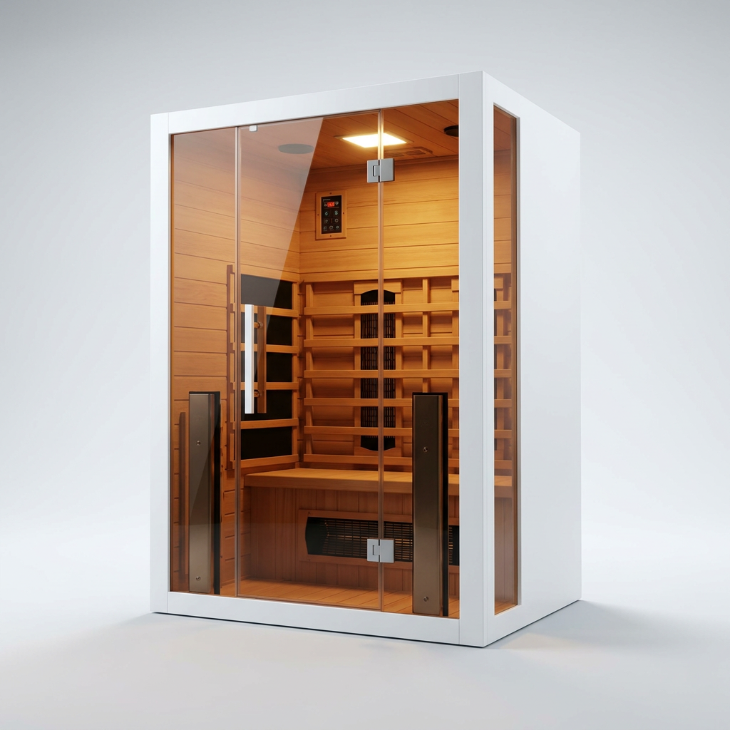 2 Person Extendable FAR Infrared Sauna for Home, Hemlock Wood Low EMF 6 Carbon Heaters Indoor Saunas with LED Lights, Bluetooth Speaker, Digital Control Panel, and Seating Bench — Studio Shot