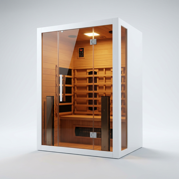 2 Person Extendable FAR Infrared Sauna for Home, Hemlock Wood Low EMF 6 Carbon Heaters Indoor Saunas with LED Lights, Bluetooth Speaker, Digital Control Panel, and Seating Bench — Studio Shot
