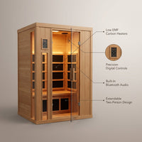 2 Person Extendable FAR Infrared Sauna for Home, Hemlock Wood Low EMF 6 Carbon Heaters Indoor Saunas with LED Lights, Bluetooth Speaker, Digital Control Panel, and Seating Bench — infographic