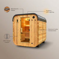 Lennon 6-Person Outdoor Cedar Traditional Wet/Dry Cube Sauna with 9Kw Electric Heater, Wi-Fi Control, LED Lights — infographic