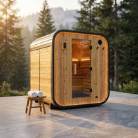 Lennon 6-Person Outdoor Cedar Traditional Wet/Dry Cube Sauna with 9Kw Electric Heater, Wi-Fi Control, LED Lights — Studio Shot