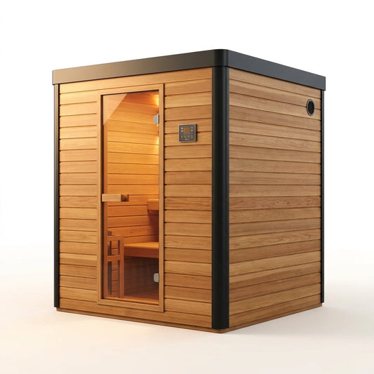 Lennon 6-Person Outdoor Cedar Traditional Wet/Dry Cube Sauna with 9Kw Electric Heater, Wi-Fi Control, LED Lights — Studio Shot