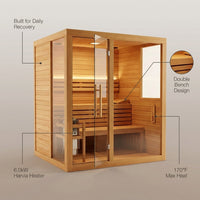 Traditional Indoor Sauna Built for Daily Recovery, 6.0kW Harvia Heater, Double Bench Design, 170°F Max Heat — infographic