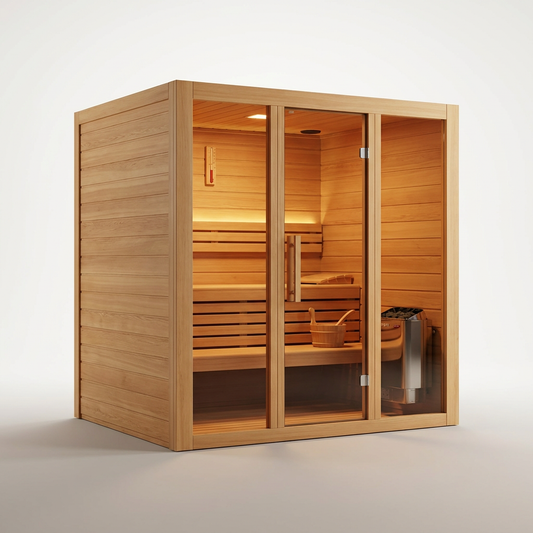 Traditional Indoor Sauna Built for Daily Recovery, 6.0kW Harvia Heater, Double Bench Design, 170°F Max Heat — Studio Shot