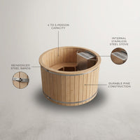 Wood Fired 4-Person to 5-Person 0-Jet Hot Tub and Ice Bath with Internal Stove Pine — infographic